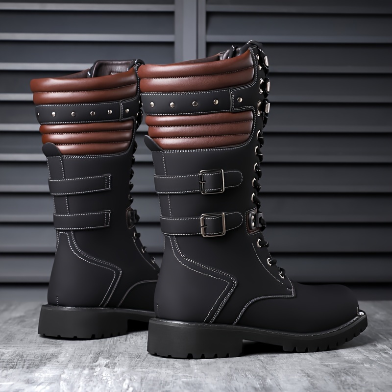 1pair *'S Motorcycle Boots Solid Color Lace-Up Zippered Combat Boot  with Round Toe Upper, Fabric Inner, Rubber Sol