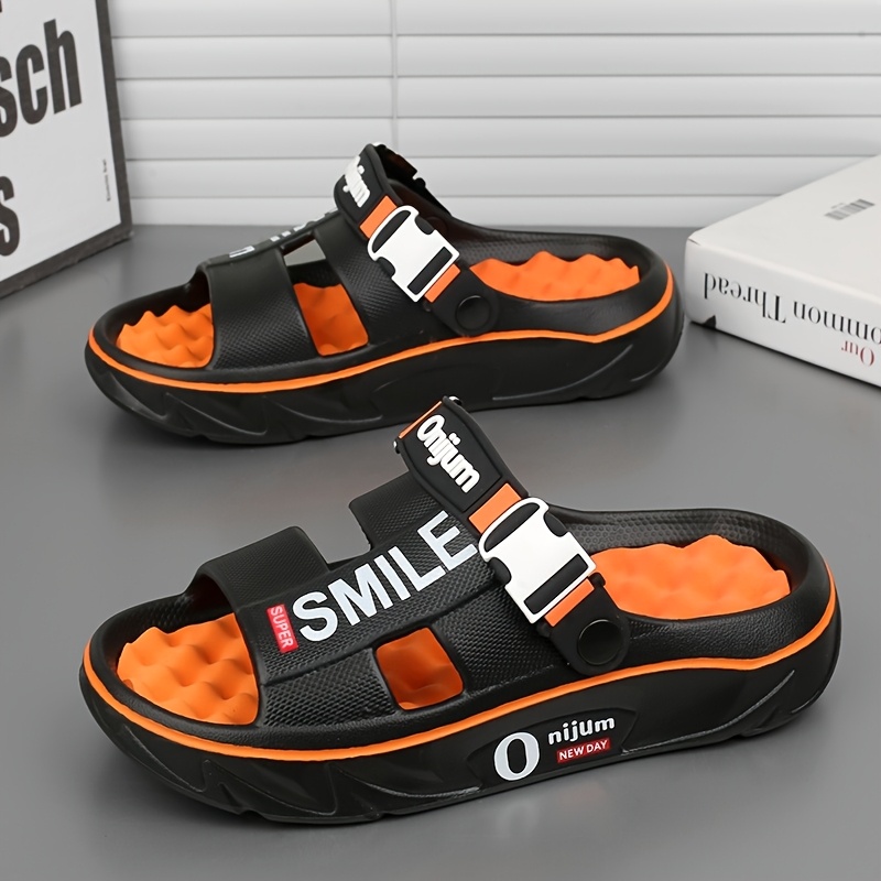 mens summer 2025 new thick sole eva slide sandals slip resistant high quality odor resistant ergonomic arch support massage sole open toe design with   letter print for beach outdoor casual wear outdoor footwear stylish contrast accents antislip footwear strappy sandals suitable for women Product details 1