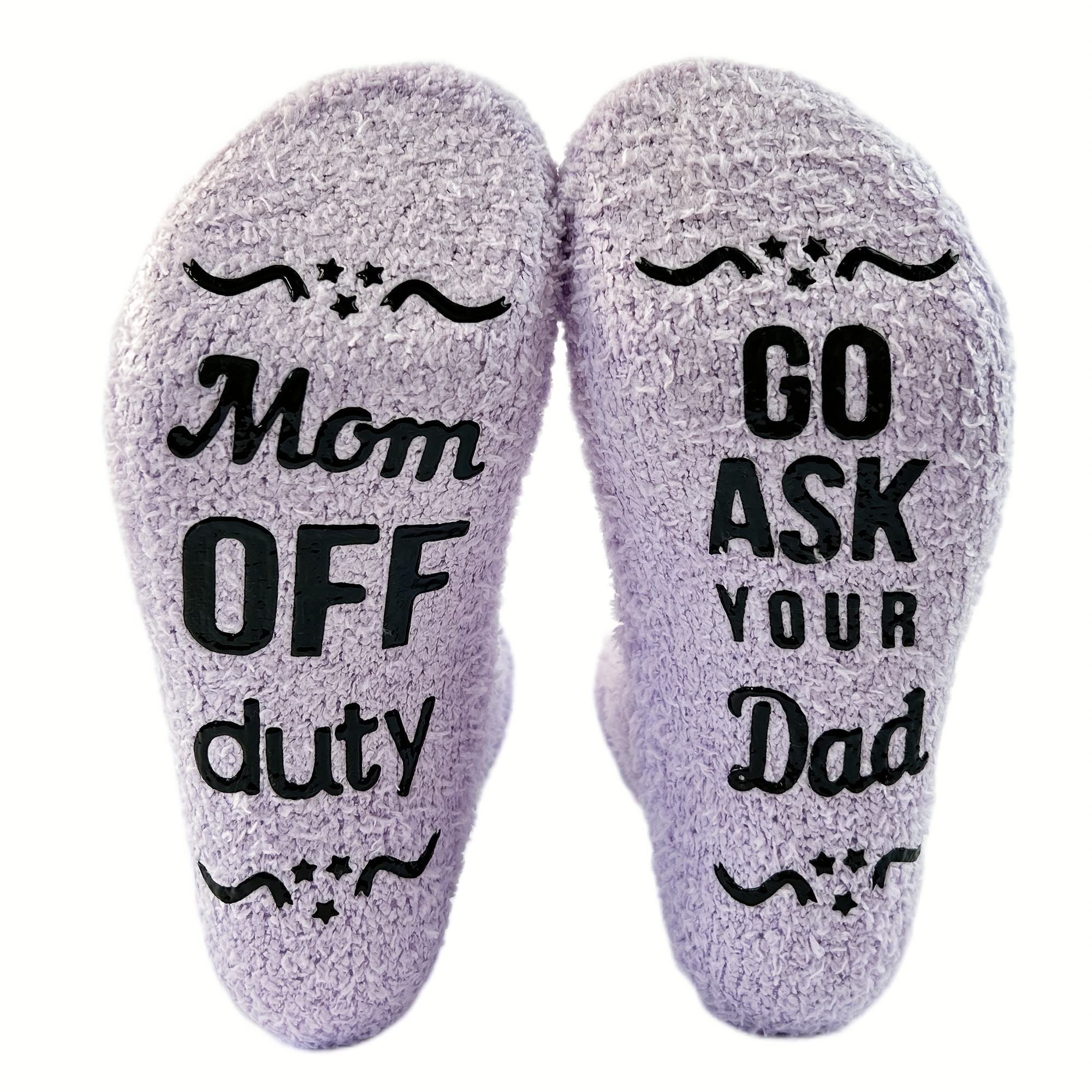 TEMU A Pair Of Light Purple Coral Fleece Non-slip Dispensing Floor Socks With A Fun Text Design That Says "mom Is Off Work, Go Ask ", Plus Velvet