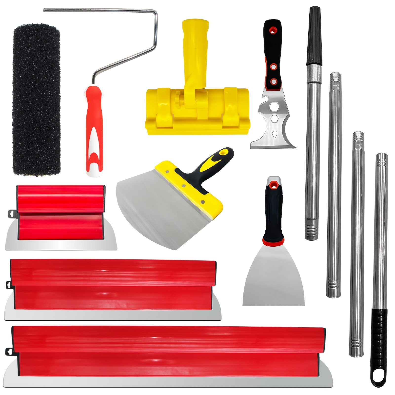Image of 6pcs/10pcs Drywall Taping Knife Set, Tools For Drywall Measuring 10 Inches, 16 Inches, 24 Inches, And Inches, Featuring A Four-section Stainless Steel Extension Pole With A Total Length Of 4.8 Feet