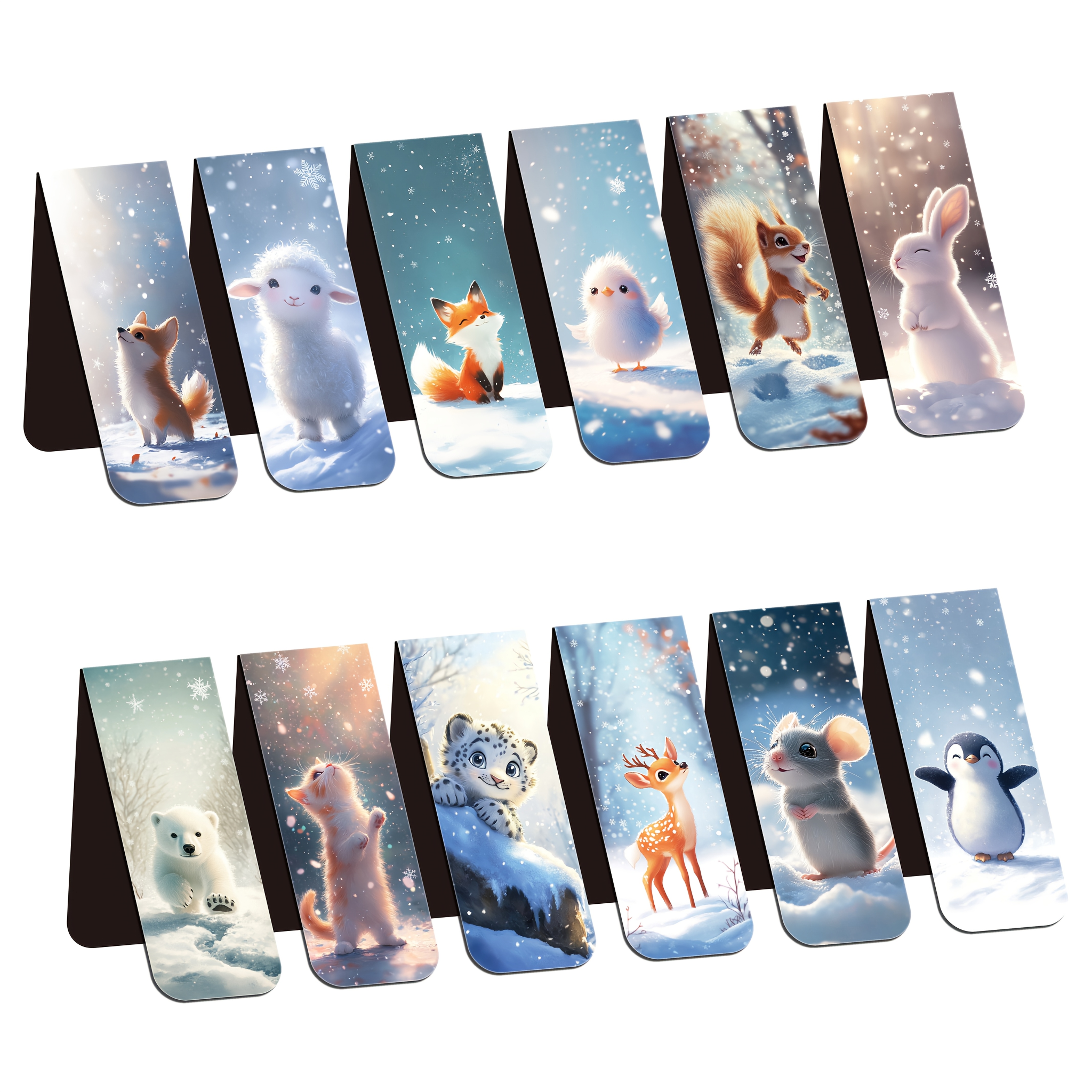 TEMU 12pcs Cute Animal Magnetic Bookmarks - Durable Cardboard Page Markers With Adorable Mouse, Rabbit, Polar Bear, Penguin & More Winter-themed
