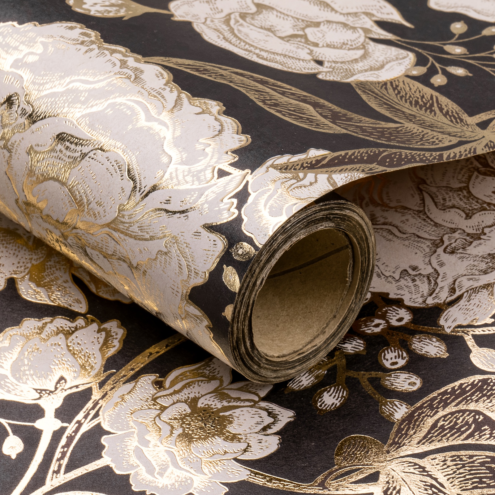 TEMU 1 Rotolo di Carta per Confezioni - Elegante Motivo (Rose, Peonie) con Accenti in Metallo - Carta da Regalo Vintage per Matrimoni, Compleanni,