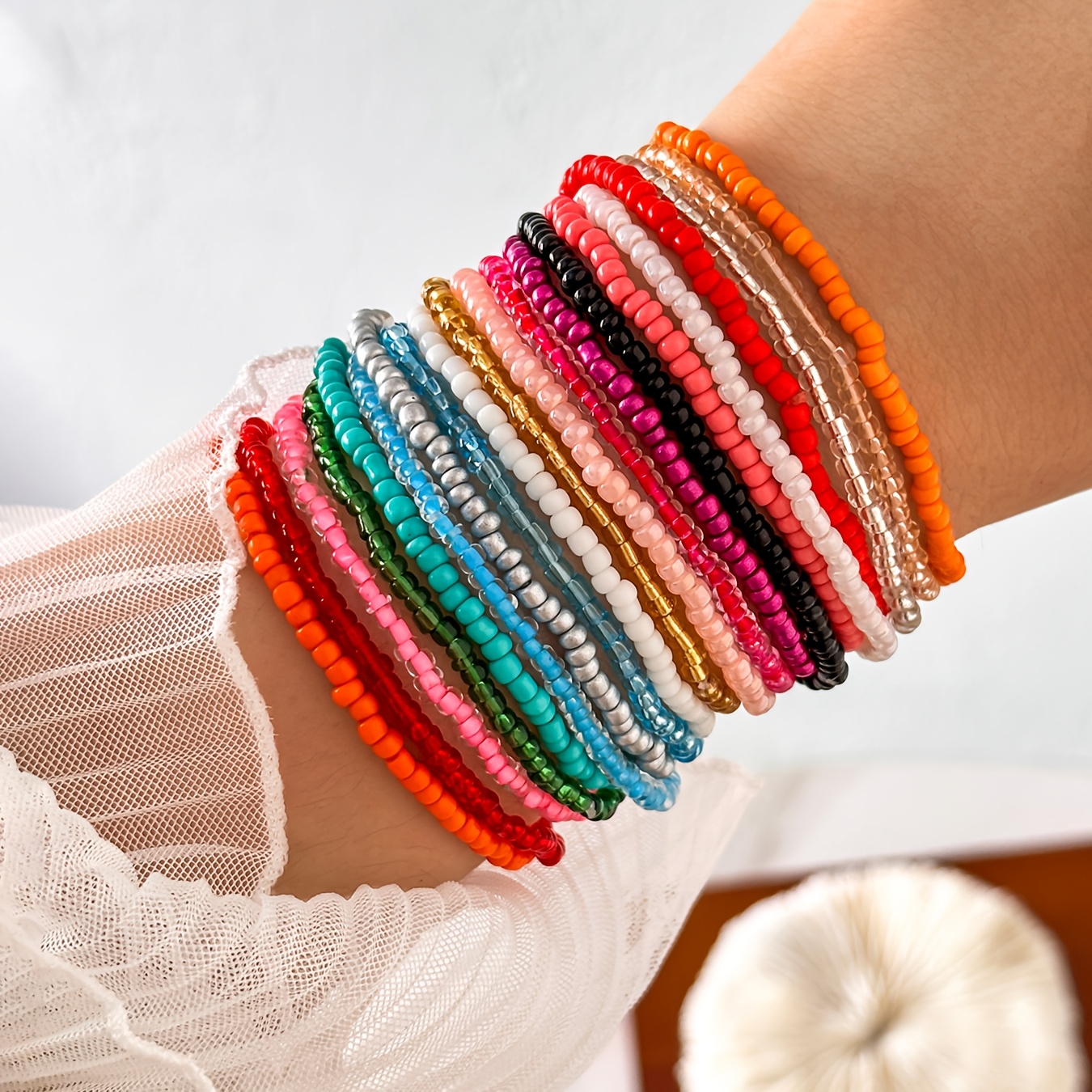 TEMU 20pcs Glass Rice Bead Elastic Bracelet Set Bohemian Waterproof Stretch Bracelet Stackable Set Sexy Multicolor Red Black Blue Bead Set