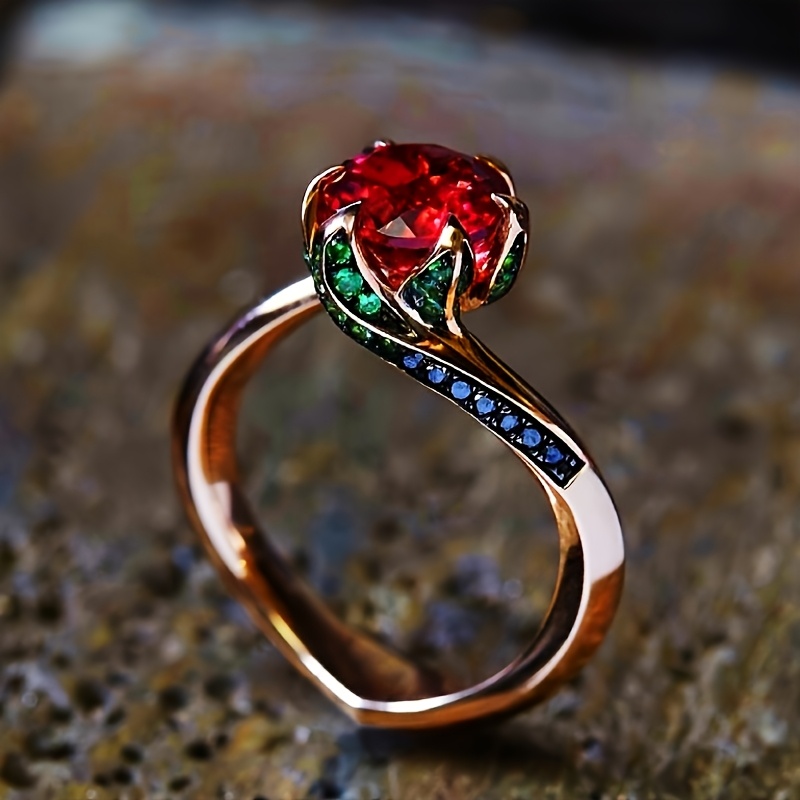 1pc Elegant Rose-Shaped Synthetic Ring for Women Luxurious Copper Band  with Green Accents, Wedding Engagement Anniversary Jewelry, Daily