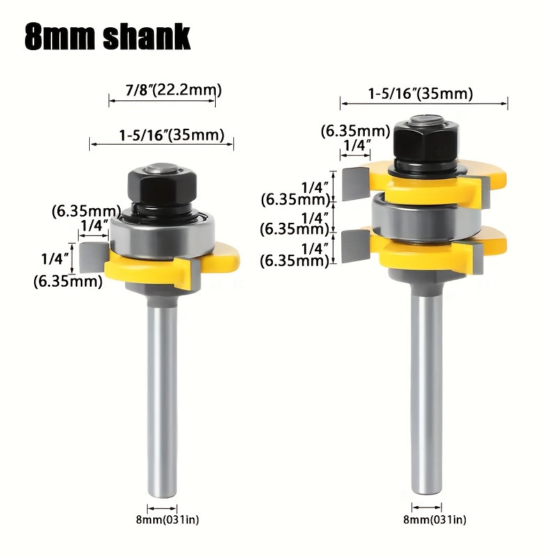 Image of A Set Of 2 Router Bits With Shank Sizes Of 1/4 Inch, 1/2 Inch, And 8mm, Designed With 3 Flutes For Cutting. Are Premium Cutting Heads, Have A Rust-resistant End, And Are