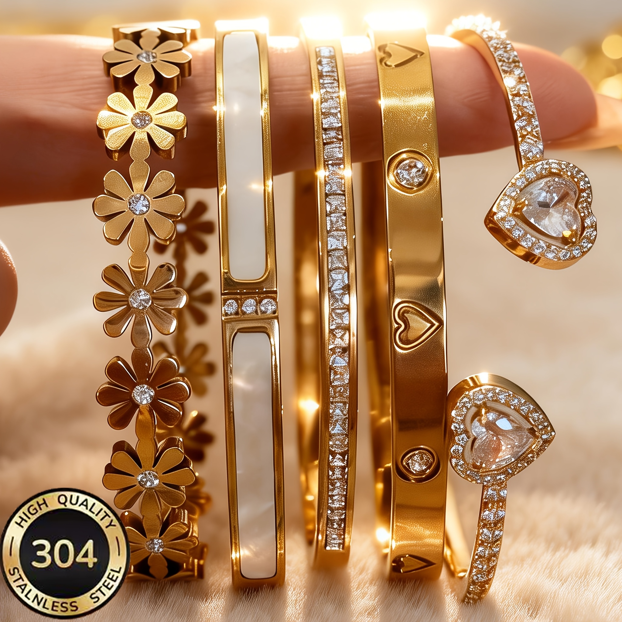 TEMU 5pcs 304 Stainless Steel 18k Golden Plated Women Stackable Bangle Set, Bracelet Jewelry, Hypoallergenic Non-fading Fashion Wristband, Suitable