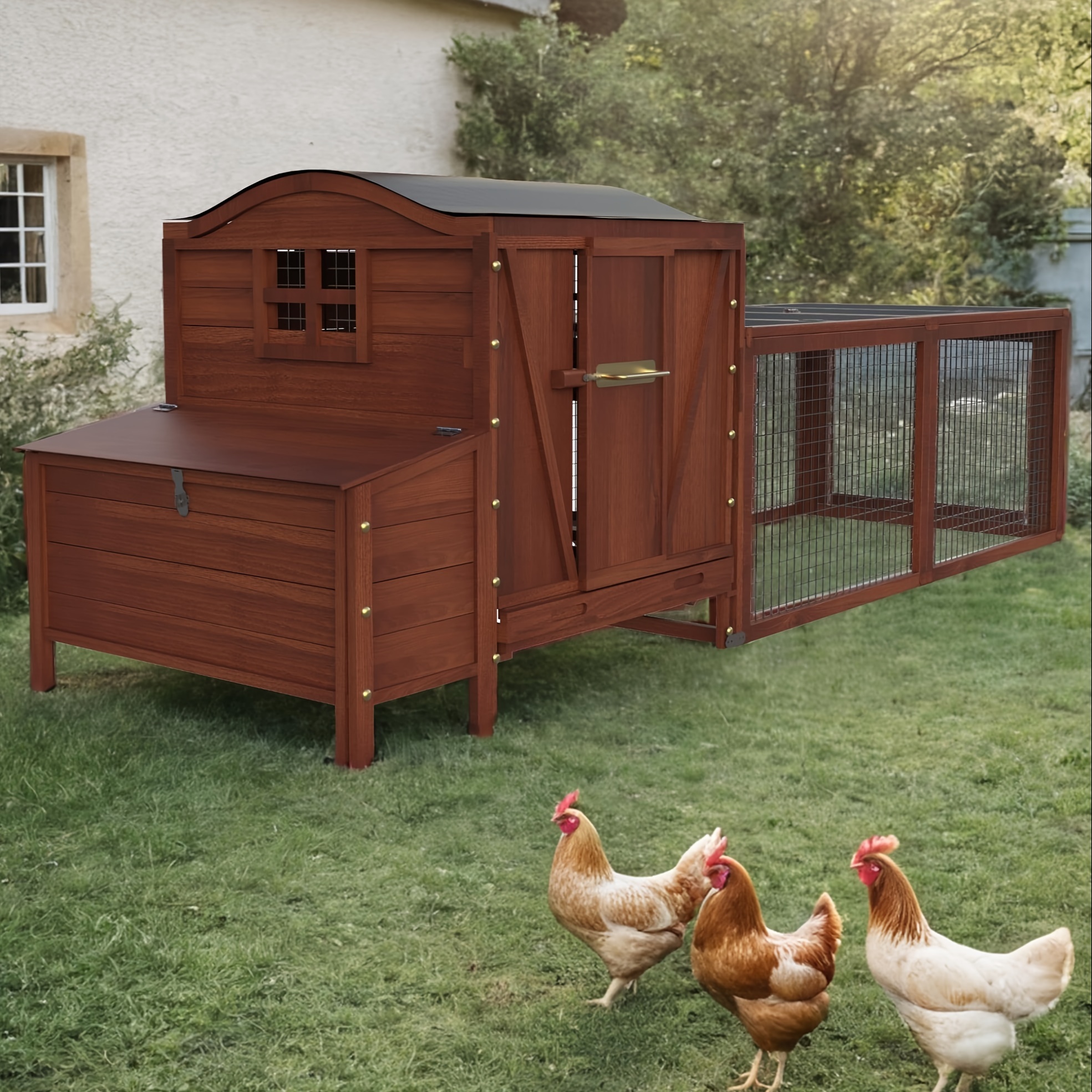 

106in Outdoor Wooden Chicken Coop, Extra Large Hen House For 3-5 Chickens, Red , Weather-resistant Roof, Large Nesting Box And Play Run, Pull Out Trays And Ramp