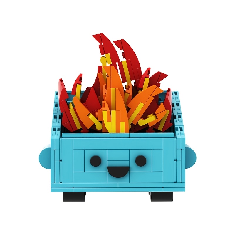 TEMU Moc Cute Flaming Trash Can Model Building Block Kit, Bin With Colorful Flame Effect. Creative Diy Desktop Display Decor Ornament, Funny Surprise