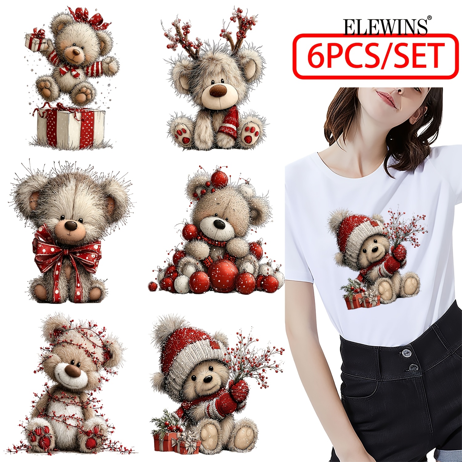 TEMU 6 Fogli Toppe Termoadesive Orsetto Natalizio, Applicazione Termoadesiva per Trasferimento a Caldo su T-shirt, Jeans, Zaini, Abbigliamento , ,