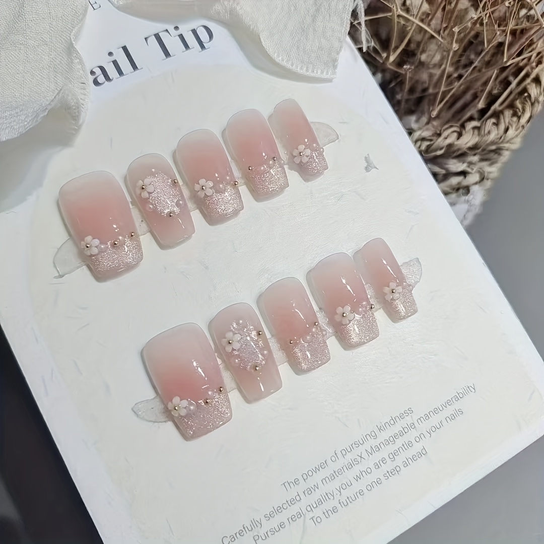 TEMU Gentle Temperament 10pcs Of Small Flower Gradient Blush Short Ladder Handmade Nail Pure Desire Gentle Elegant Temperament Student Nail Dating Artifact Holiday Gift