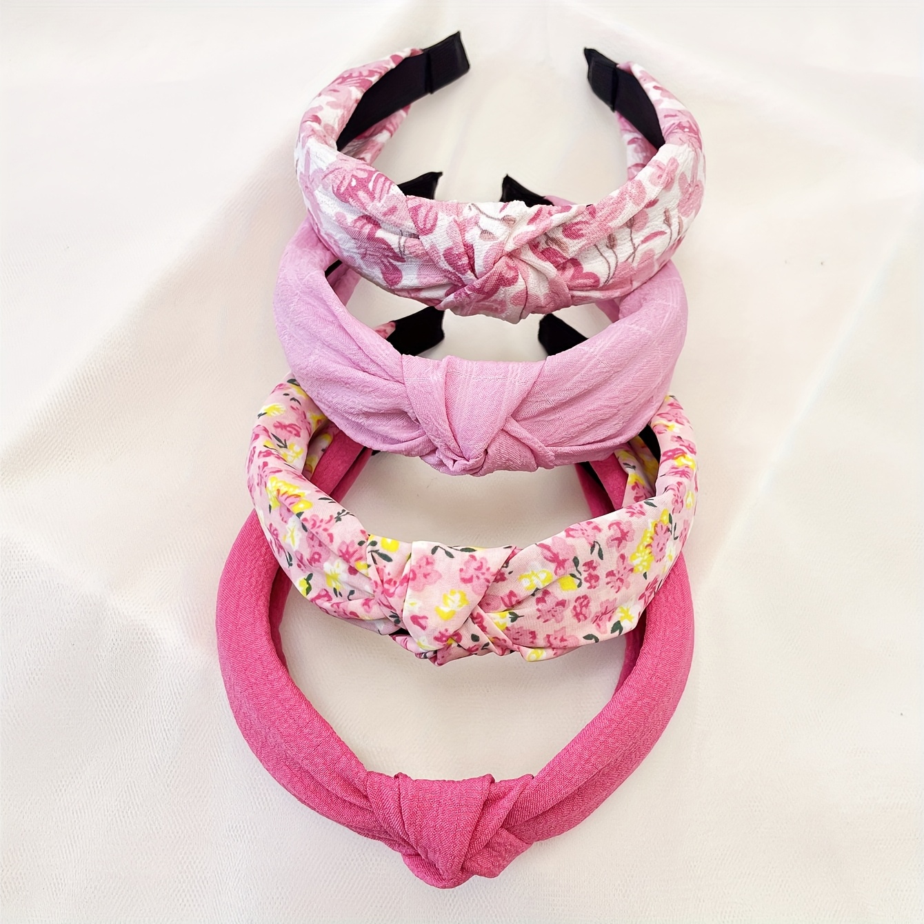 E-shop Set mit 4 Damen-Stirnbändern aus Stoff, einfarbig, breit, in Pflaumenrosa mit Blumenmuster, süßer Stil, Haar-Accessoires für den Feiertage