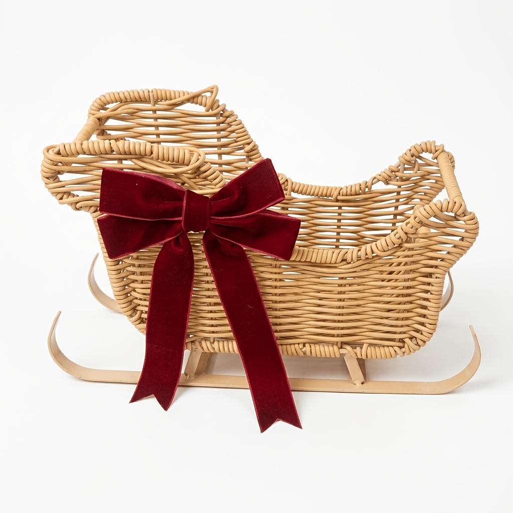 woven rattan christmas sleigh ornament with red velvet bow multi functional rattan sleigh shaped desktop christmas decoration   basket and gift basket suitable for home mantelpiece and   decor christmas decoration