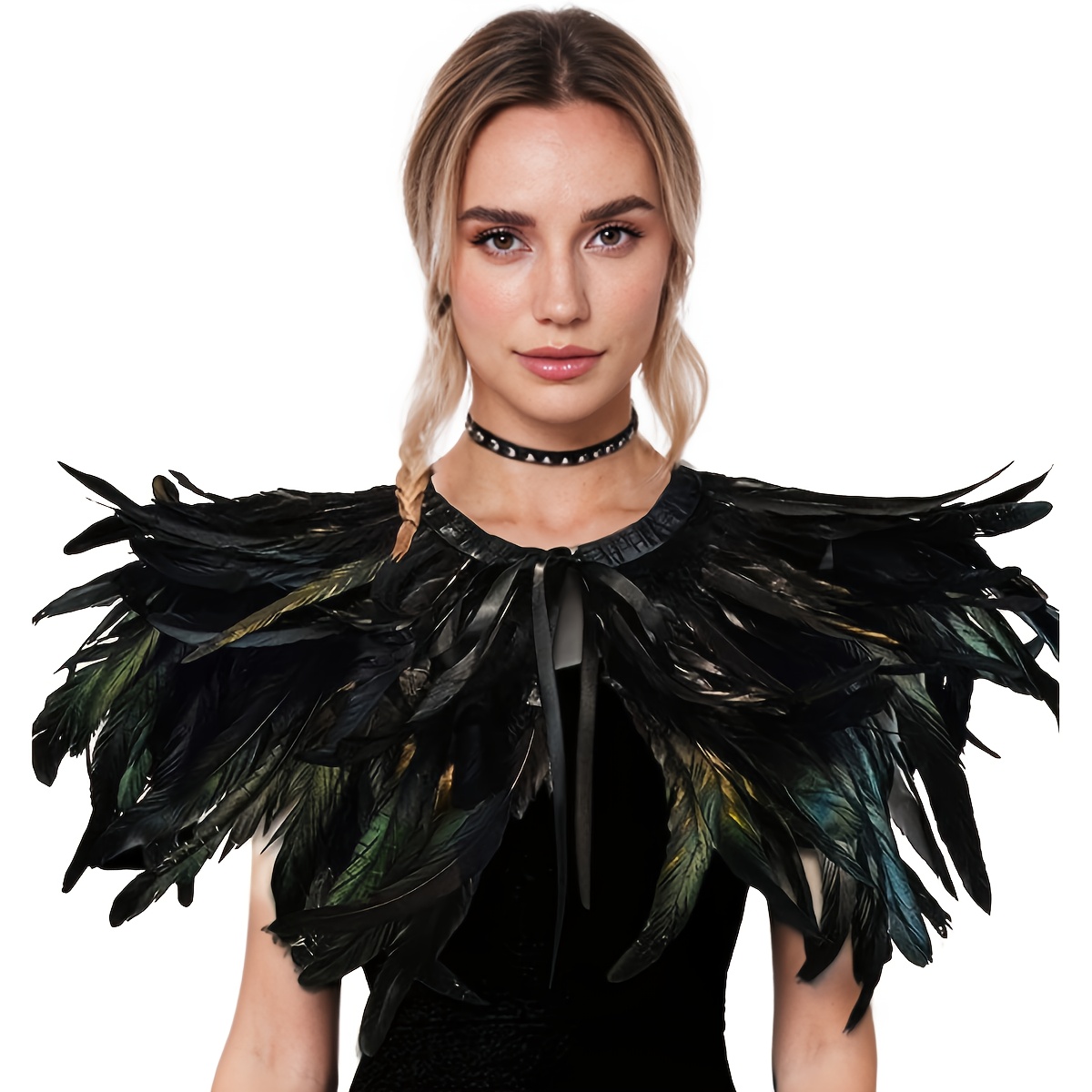 Chal De Plumas Negro Naturales - Capa De Plumas Para Halloween Y Cosplay - Mantón Gótico Con Lazos Ajustables