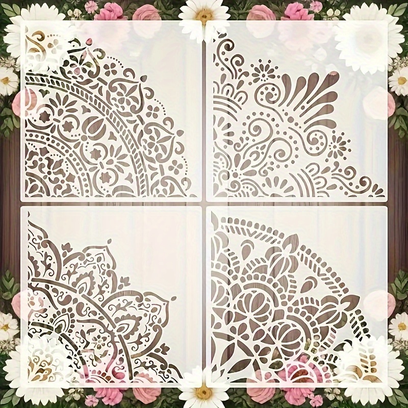 Image of Set Of 4 Large Mandala Stencils, Each Measuring 12x12 Inches, Ideal For Spray Painting And Graffiti. Perfect For Decorating Walls, Floors, Furniture, Fabrics, And Canvas In Art And Craft Projects