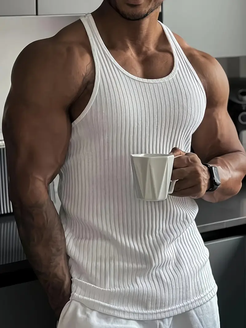 mens solid pattern knit crew neck tank top comfy sports vest for men casual and chic tops for summer fitness workout and running wear details 0