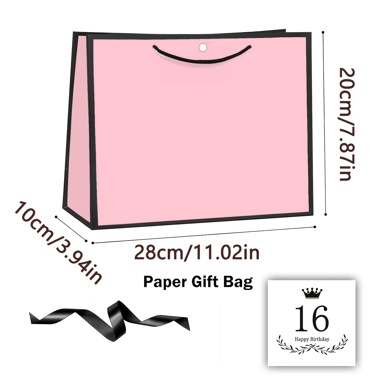 TEMU 16th Birthday Gift Bag With Ribbon, Portable Paper Gift Bag With Handles, Pink And White Gift Bag, Wide-bottom Foldable And Reusable, Sturdy -