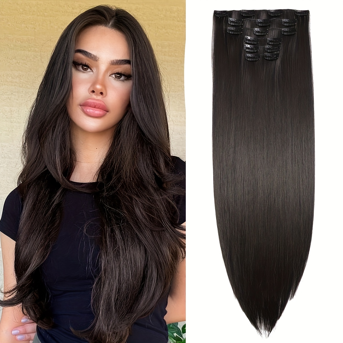 long straight black hair extensions set thick hair pieces - Temu display picture 2