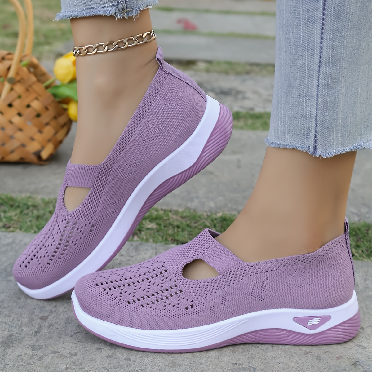 1 Pair Women'S Breathable Open Toe Sneakers, Casual All-Season Slip-On Walking Shoes, Lightweight Flat Sole with Solid Color Design, Comfortable Fabric Upper/Inner and Faux Sole