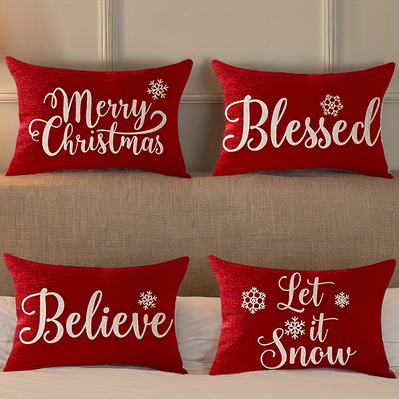 TEMU Collection Of 4 Decorative Pillow Covers Featuring Snowflakes, , And Festive Phrases In Red, Perfect For Christmas And Enhancing Your Living Room Or Outdoor Space