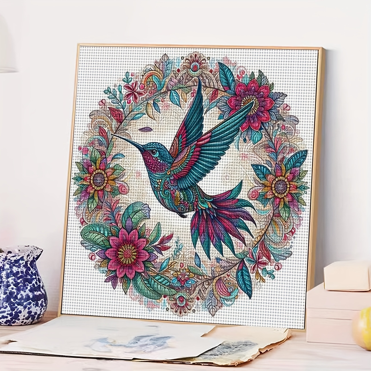 Cross-Stitch Kit, Hummingbird Dancing in a Wreath for Beginners