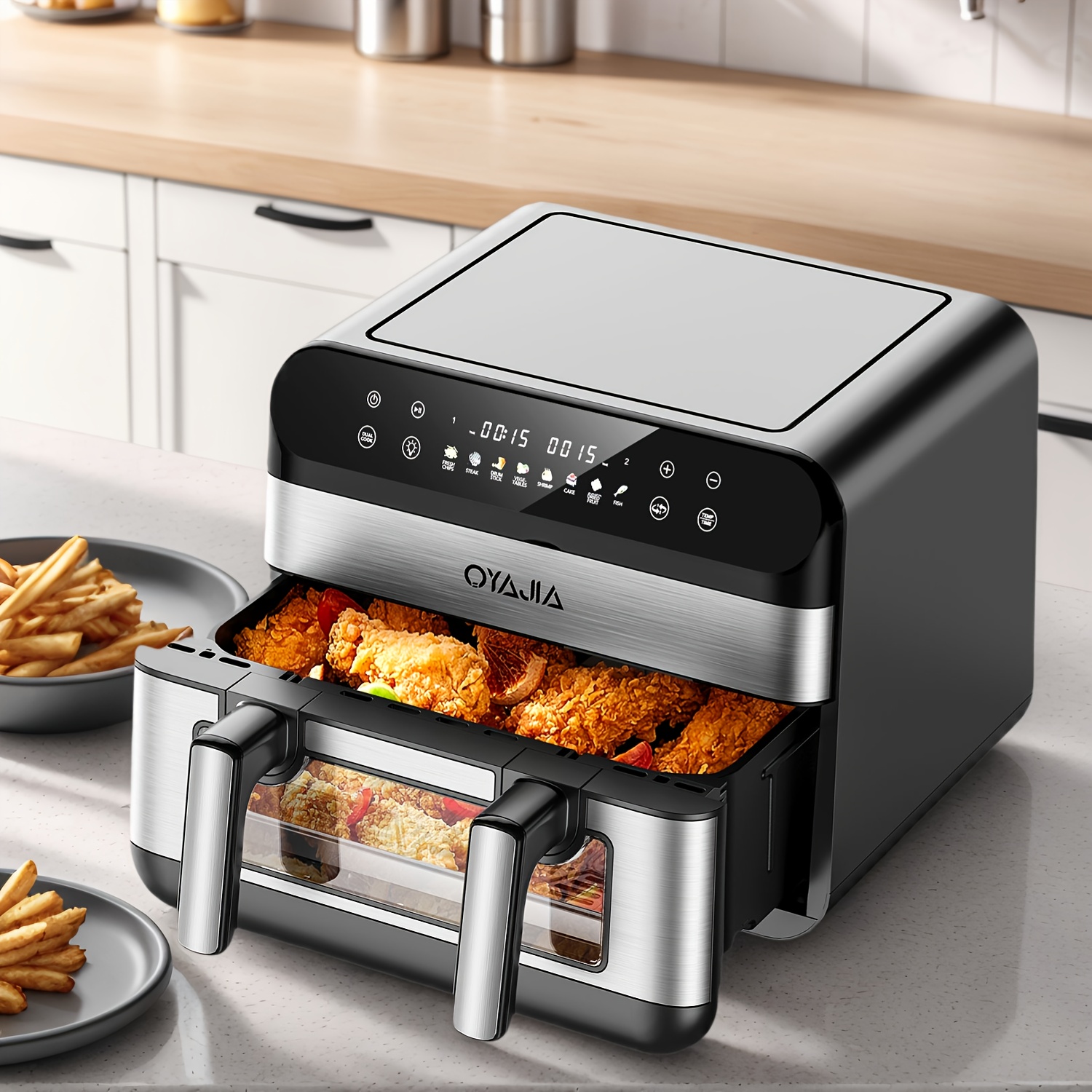 E-shop Dual Air Fryer, 9,5L Flexibler Fassungsraum, Ein- und Doppelzone Konvertierbar, Sichtfenster, Kochmodi, Smart Air Fry, , Backen, Trocknen