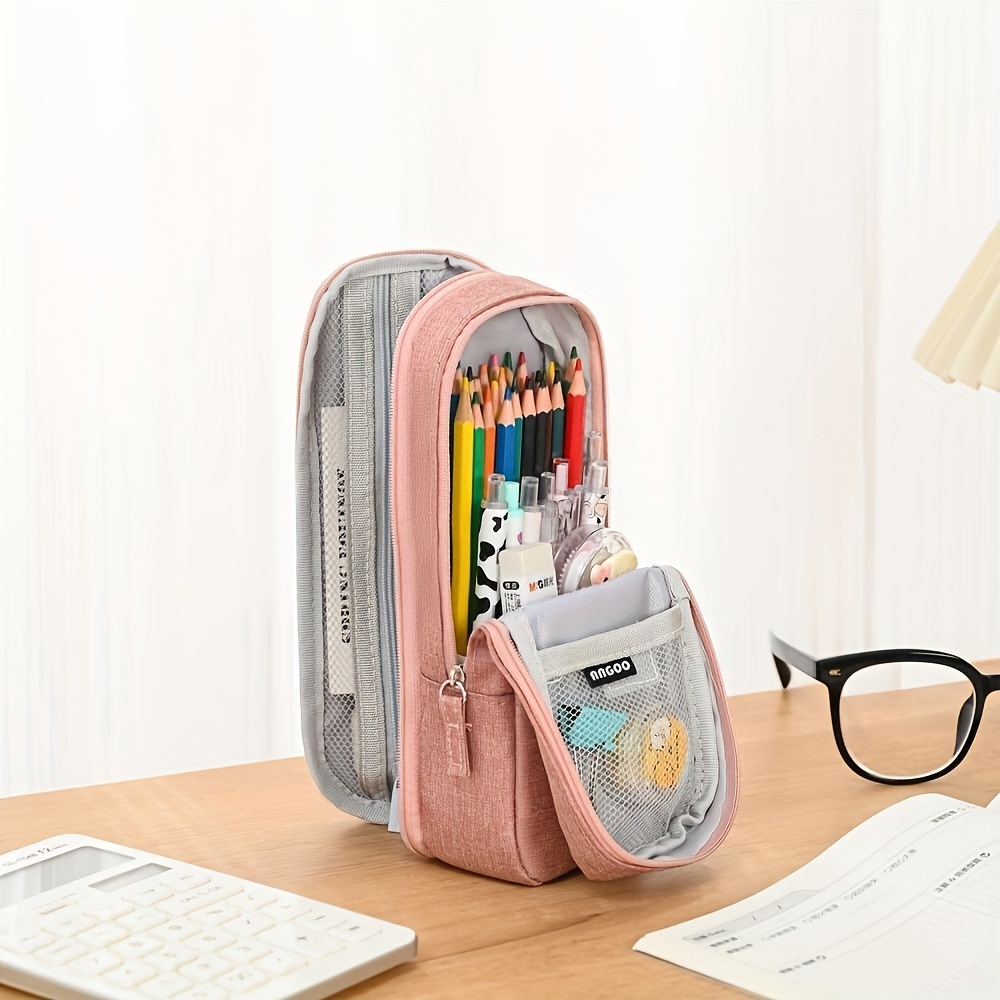 large capacity oxford cloth pencil case double layer foldable design with multiple compartments for supplies pink and gray ideal for halloween thanksgiving christmas cute pencil case details 2