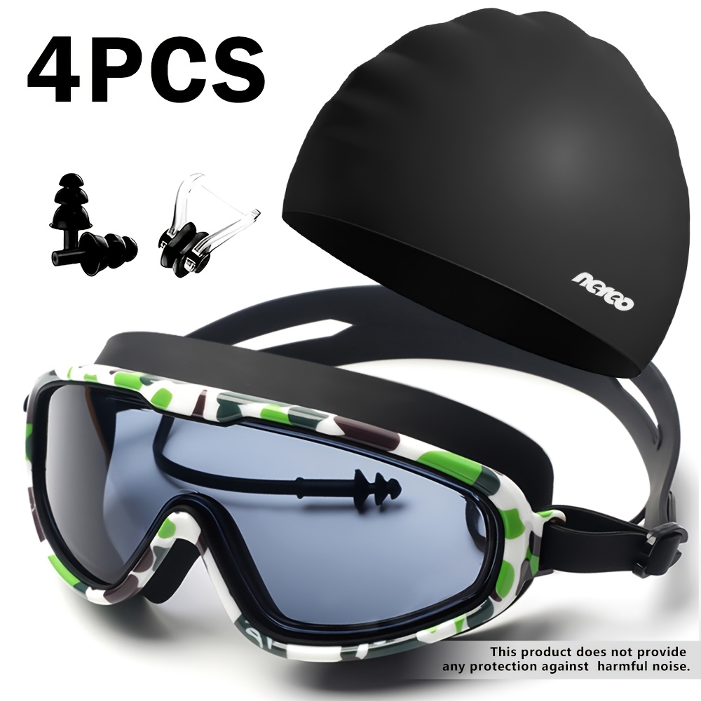 TEMU 4pcs Large Frame Swimming Goggles Set, Unisex Anti-leak & Pc And Silicone Material, Black Swim Goggles With For Adults, Adjustable Men's