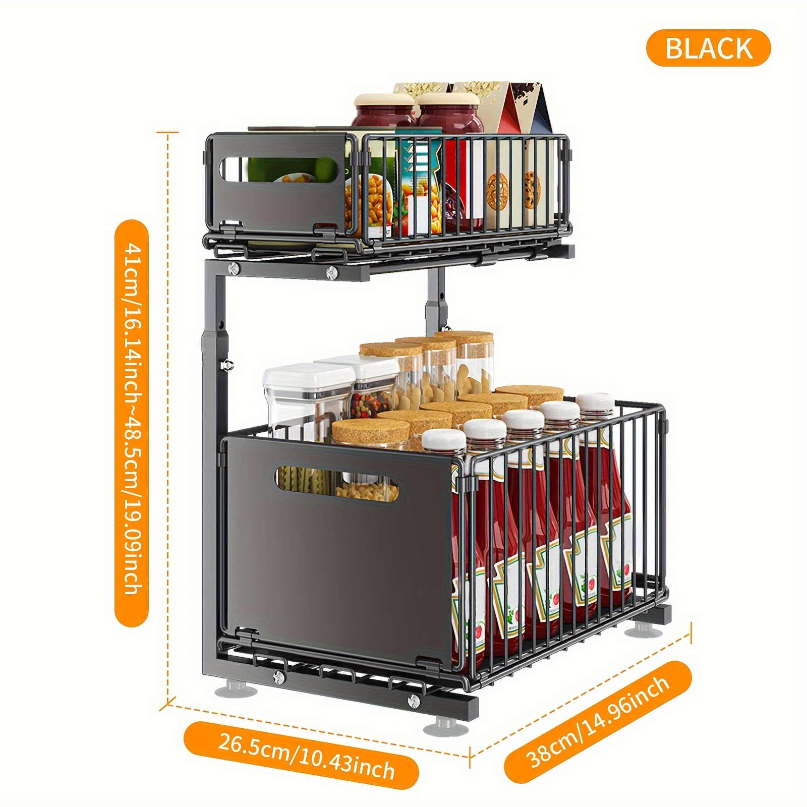 TEMU 1pc, 2-tier Pull-out Storage Rack, Metal Wire Kitchen Cabinet Organizer, Foldable Under-sink Suction Cup Spice Rack, Snack Basket, Multifunctional Household Accessory, Non-food Contact