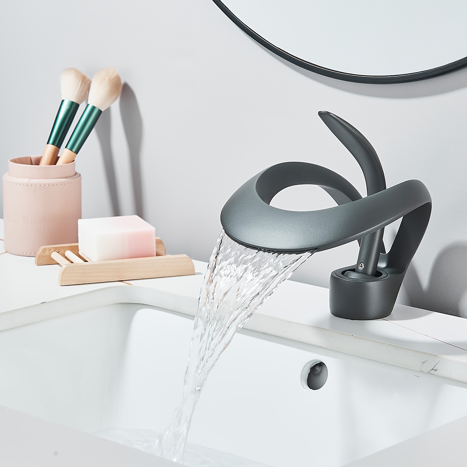 Black Bathroom Sink Faucet Waterfall Round Single Handle 1 Hole Vanity Basin Deck Mount Hollowed