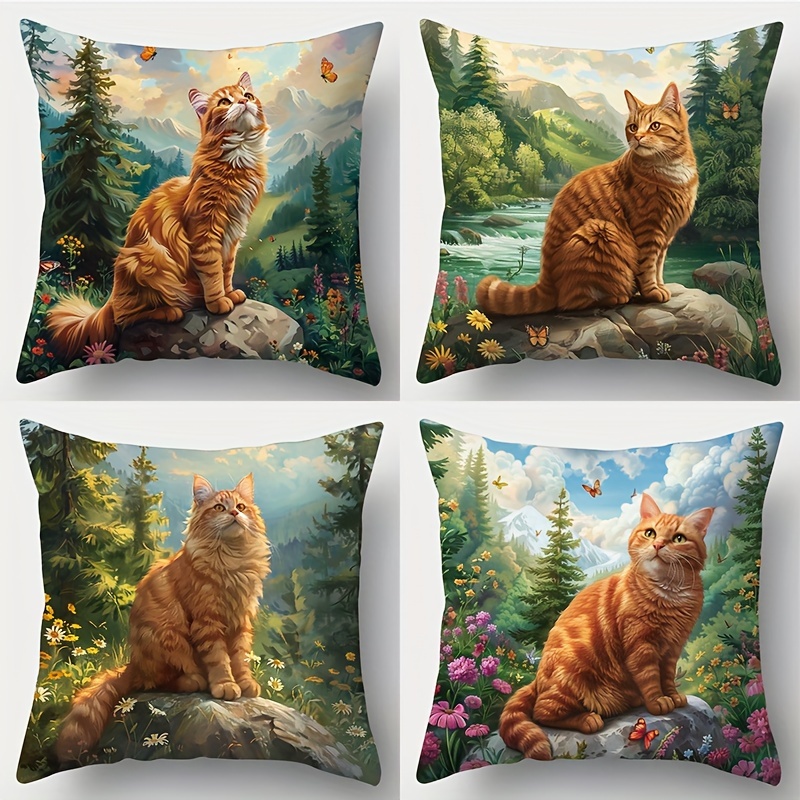 

Contemporary 4-piece Cat Print Throw Pillow Covers Set, Hand Washable, Zippered Polyester Cushion Cases, 17.72-inch Decorative Pillowcases For Living Room And Bedroom, No Insert