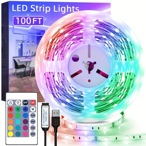 3 28ft 100ft smart led strip lights usb port light strip with 24keys remote control can adjust color and brightness blinking remote control light can be bent and cut at will easy to install home atmosphere light bedroom decorative light
