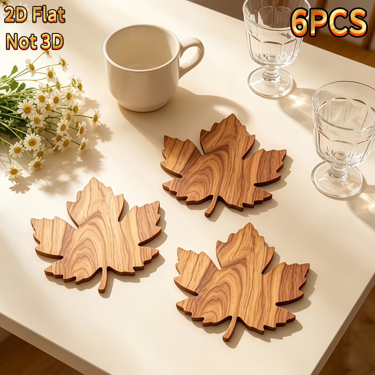 TEMU Lot de 6 sous-verres plats 2D en bois de feuille d'érable - Sous-verres accessoires de bureau, antidérapants et résistants à la chaleur -