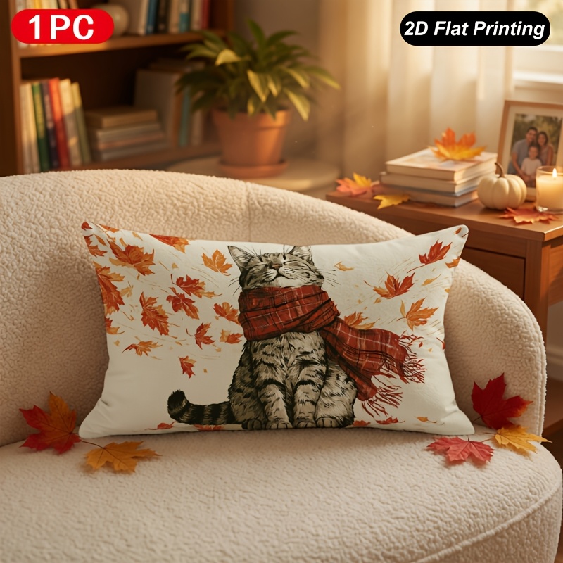 TEMU 1pc Retro Fall Maple Leaf & Cat Throw Pillow Cover - Soft Suitable For Indoor/outdoor Farmhouse Decor, Zipper Closure, One-sided Print, Hand