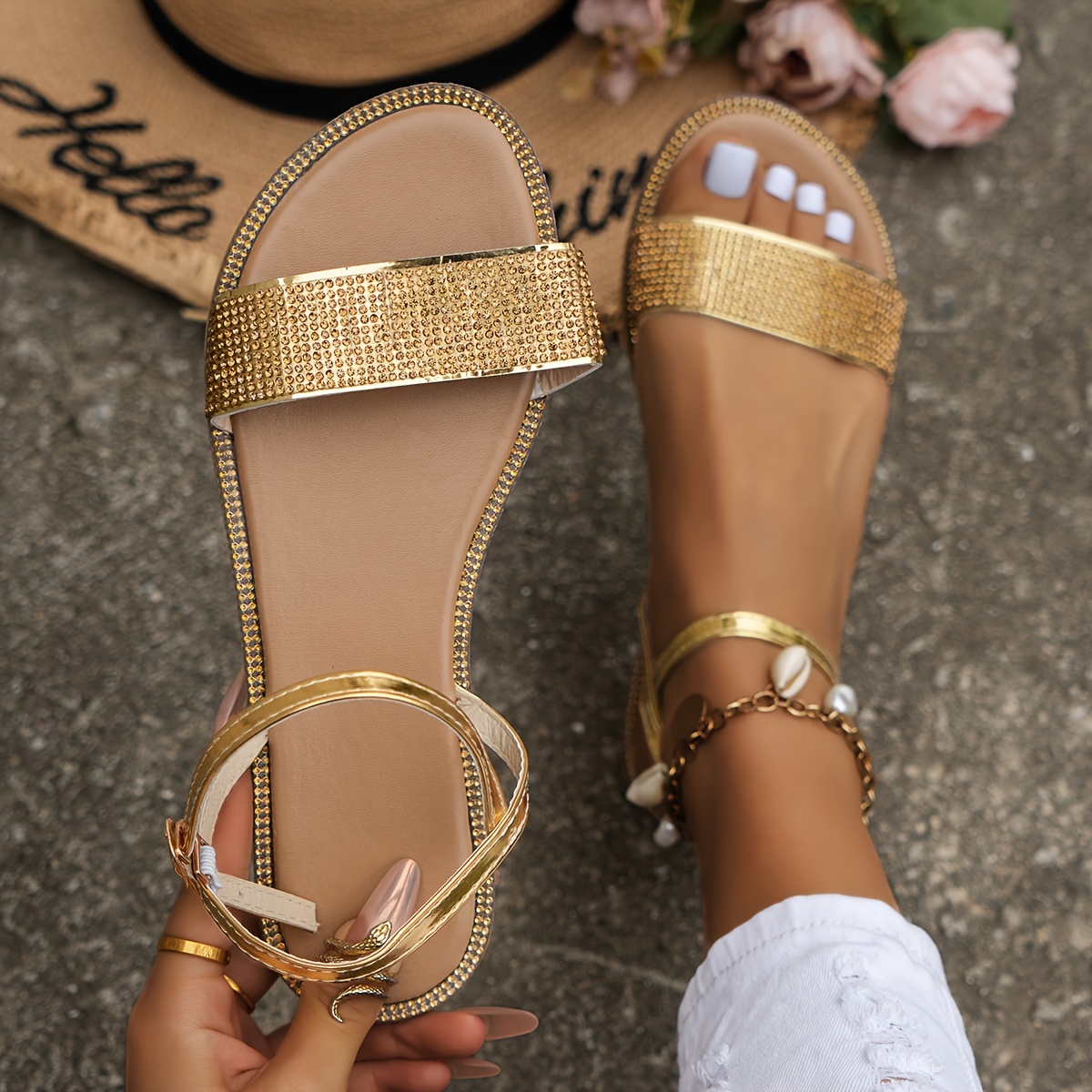 Glitter Sandals Women s Solid Color Ankle Buckle Strap Temu Australia