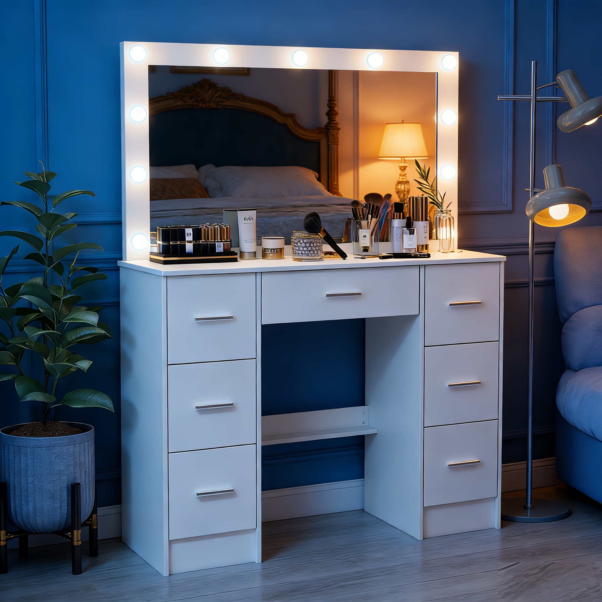 Valentine's Day Gift 7 Drawers Vanity Desk Set With Large Led Lighted Mirror For Bedroom Makeup Table