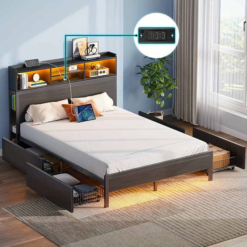 

Led Bed Frame Bed , Wood Charging And Rgb Led Lights, Metal , Needed, Free For
