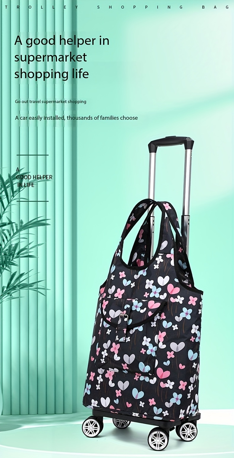 1pc Elegant Heart & Floral Pattern Foldable Shopping Cart with Telescopic Aluminum Handle – Portable 4-Wheel Rolling Grocery & Camping Cart, Black with Blue & Pink Hearts, Hand Wash Only, Travel Storage Cart | Elegant Pattern Design | Durable Fabric Cart