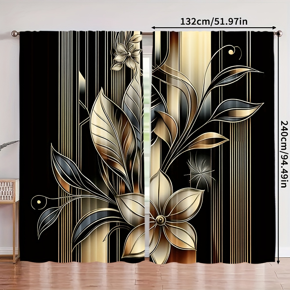 TEMU 2pcs Elegant Black & Golden Floral Print Curtains - Polyester, Light-filtering, Rod For - Living Room, Bedroom, Office, And Home Decor (rod Not