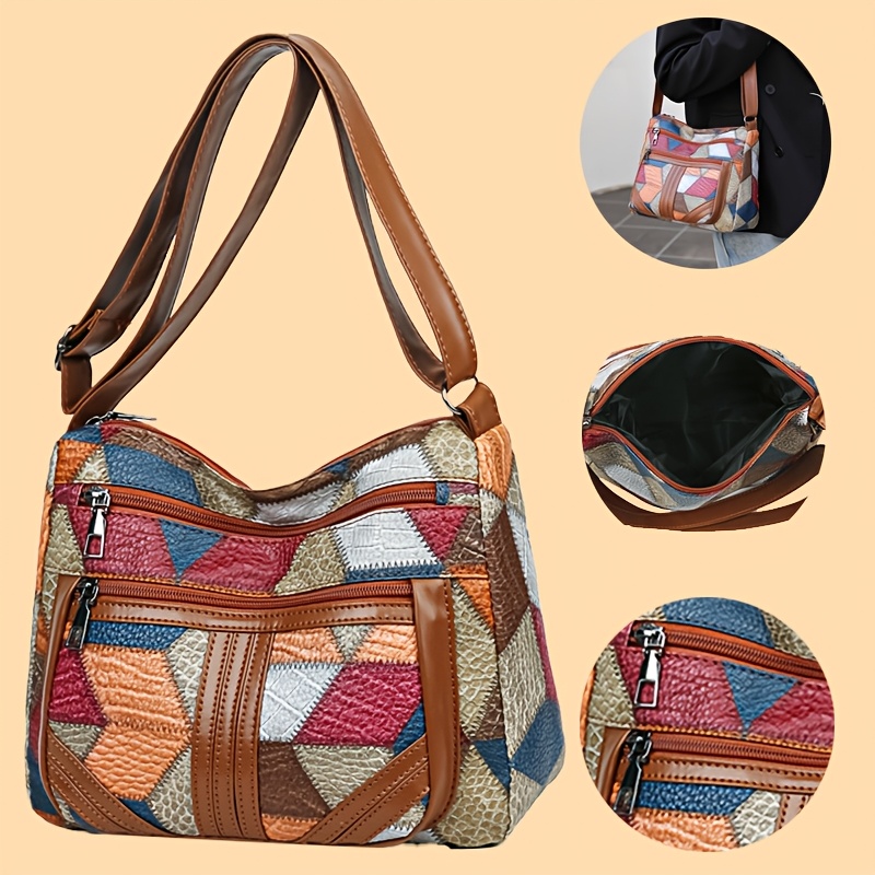 

1pc Women's Casual Shoulder Bag, Crossbody Purse With Tassel , Polyester Lined Zippered Compartment, Stylish Geometric Pattern, Small Crossbody Bag