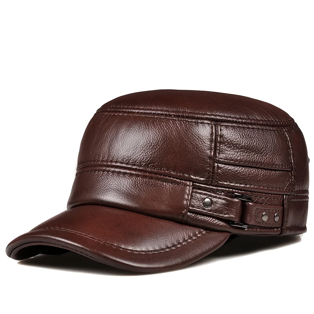 2d Flat, Winter Men's Flat Caps Warm Army Military Hat Elegant For Man Baseball British Vintage Cowhide Hat, 2d Flat