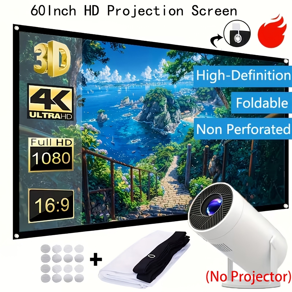 TEMU 60 Inch Portable Foldable Projector Screen 16:9 Fabric 4k Ultra Hd Lightweight Washable For Home Theater Outdoor Night Camping Travel