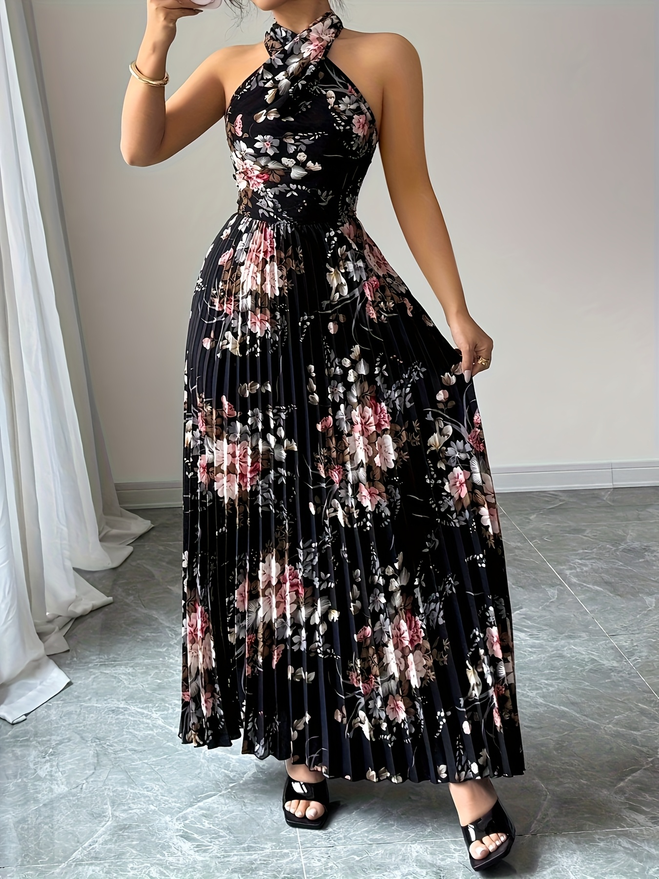 Elegant Floral Halter Neck Maxi Dress for Women Sleeveless, Ruched, Back  Tie, High-Low Hem, Black with Pink White Flowers Vacation Dress