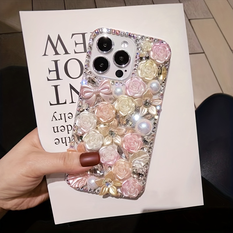 Fashionable And Luxurious Colored Resin Flower Rhinestone Pearl Phone Case Suitable for iPhone 15 Promax Anti Drop Phone Case