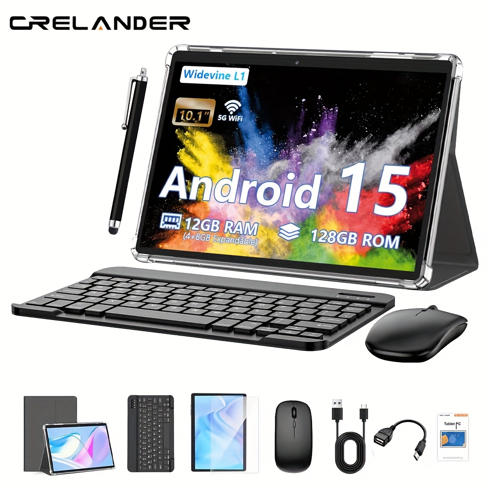 Tablette CRELANDER CR 10,1″ Android 15 2-en-1 avec coque de protection, clavier, souris et stylet - Stockage 128 Go, double Wi-Fi, chargement Type-C, OTG, GPS, 12 Go de RAM, écran HD 10,1″, résolution 1280x800, tension de fonctionnement 5-15 V, rapport d'aspect 10:1, rapport écran-corps 10:1, tablette, pad, tablette, pad
