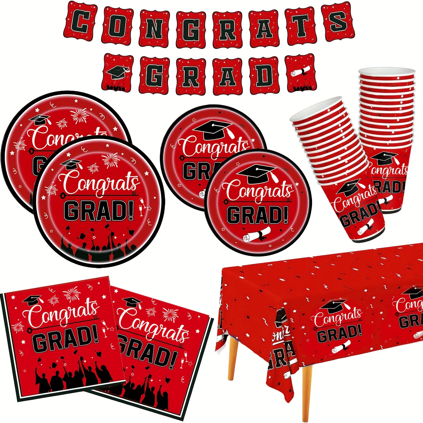 

111pcs, Graduation Party Supplies Class Of 2024 Red Disposable Tableware Kit With Paper Plates, Napkins, Cups, Tablecloth, Banner For Congrats Grad Celebration Decor, 24 Guests