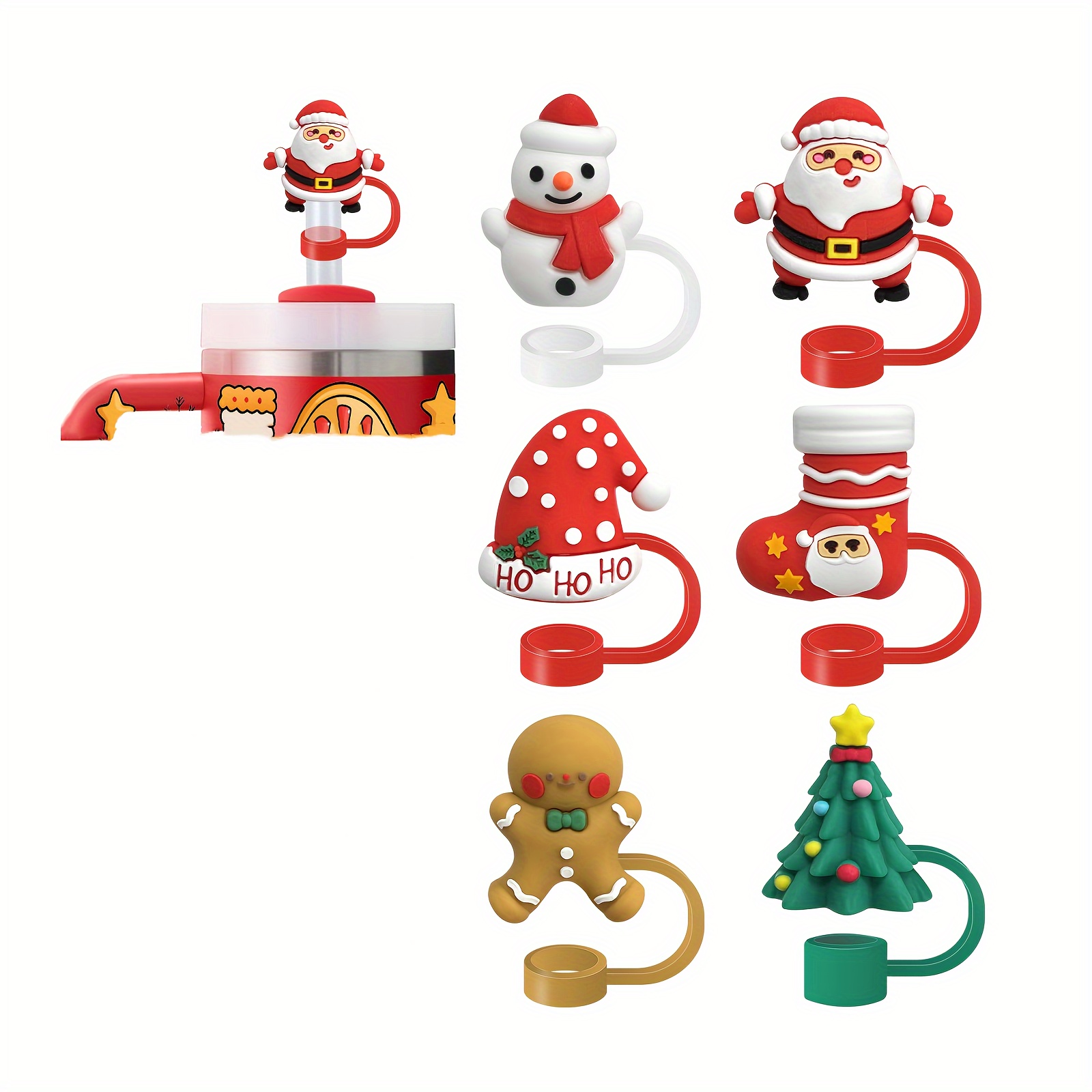 

Christmas Silicone Straw Toppers Set Of 6, Universal Fit Reusable Straw Charms, & Water Bottle Accessories For Holiday