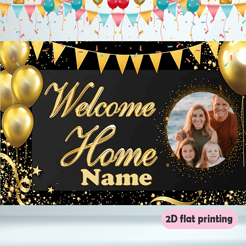 TEMU 1 stuks aanpasbare banner voor een 'Welcome Home' feestje, met een gepersonaliseerde naam en foto, met de tekst 'Welcome Home' op een zwarte