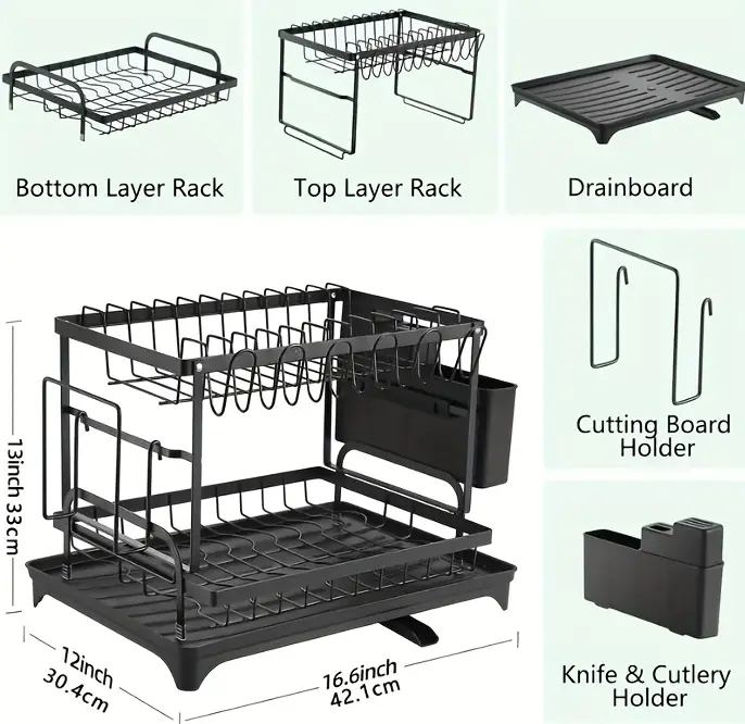 large capacity double layer dish drying rack carbon steel kitchen organizer with towel cup holders space saving countertop storage for plates bowls glasses utensils dish drying rack for kitchen counter durable construction apartment living Product details 1