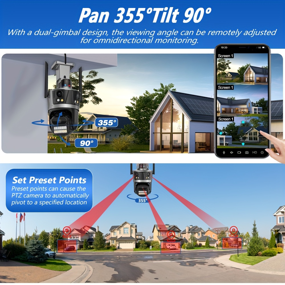 3 lens outdoor security camera camera outdoor wireless wifi camera 2 4ghz wifi 360 ptz panoramic rotation motion detection tracking two way audio night vision compatible with alexa eu plug Product details 4
