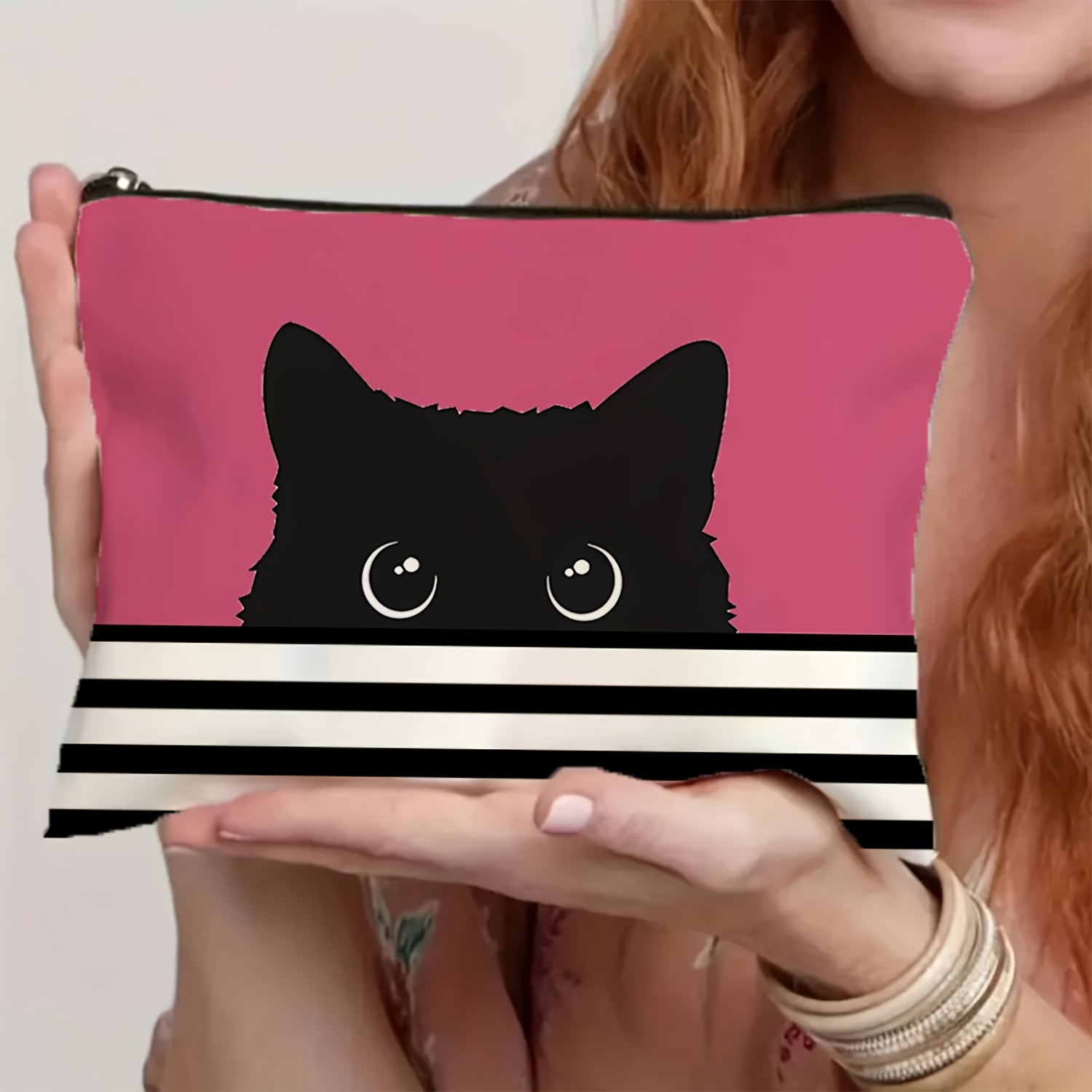 

Women's Striped Cat Makeup Bag - Polyester, Unscented, Double- , , , Enthusiasts, & Christmas Gifts